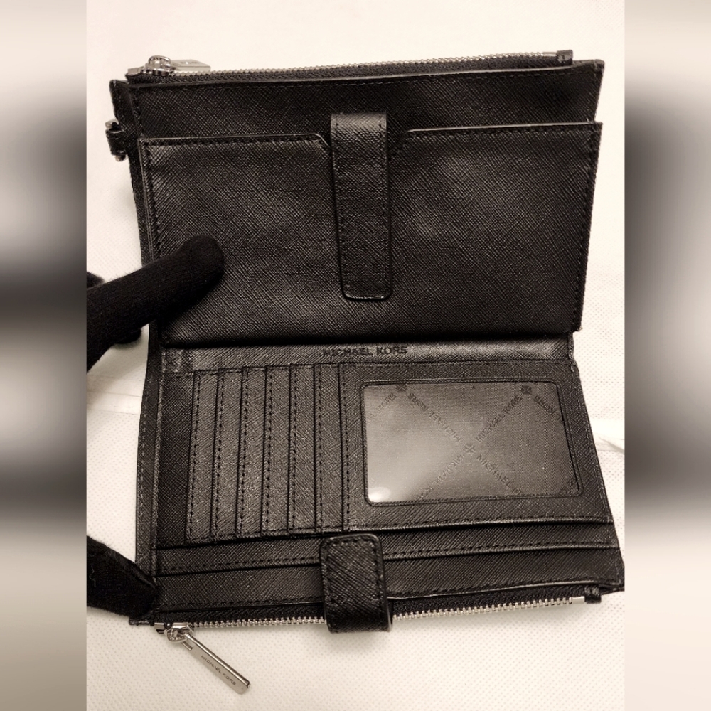 NWOT Michael Kors Jet Set Travel Double zip wristlet Leather wallet Black Silver - Picture 10 of 15